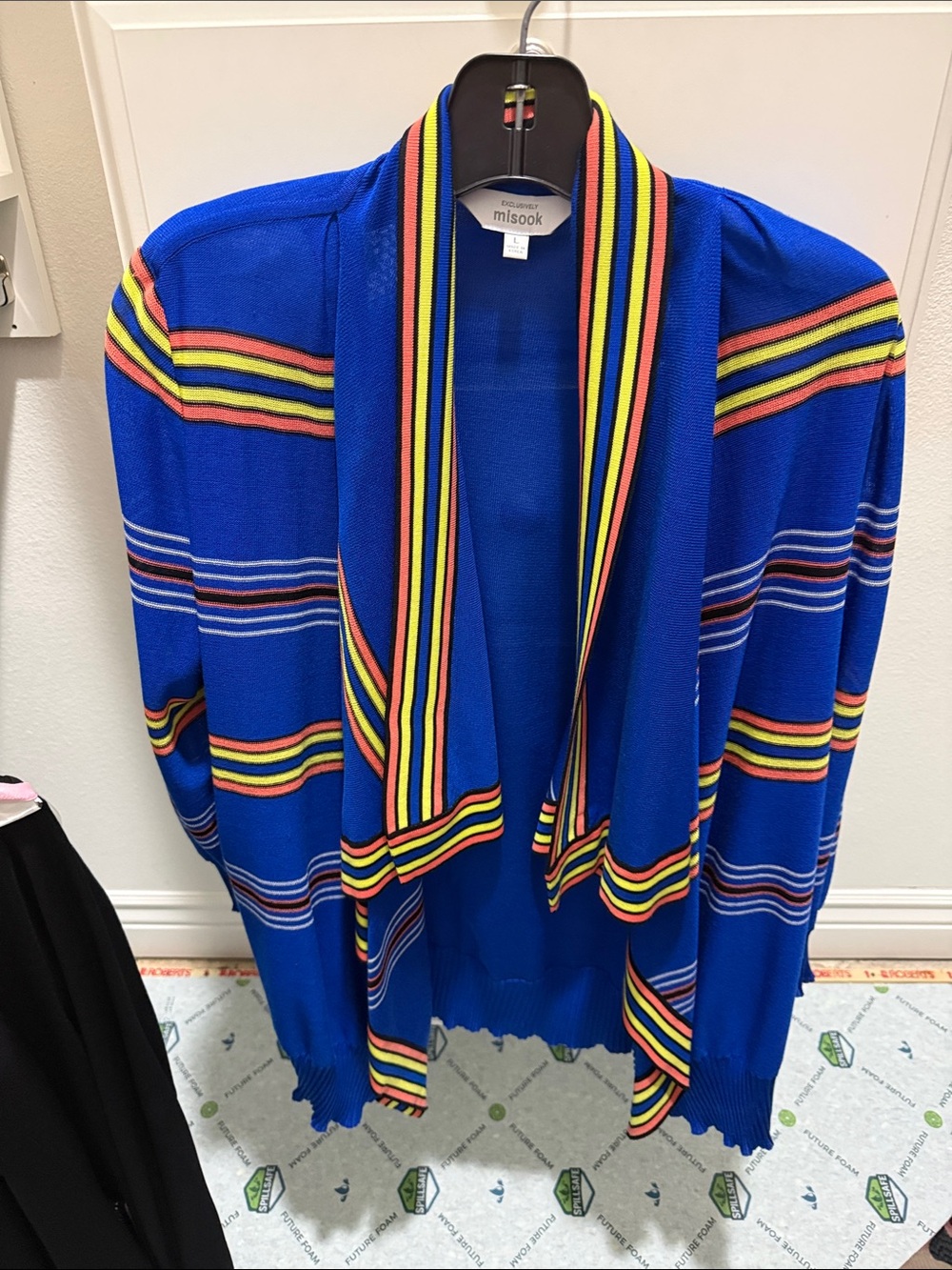 Misook Cobalt Blue Open-Front Cardigan with Multicolor Stripe Trim